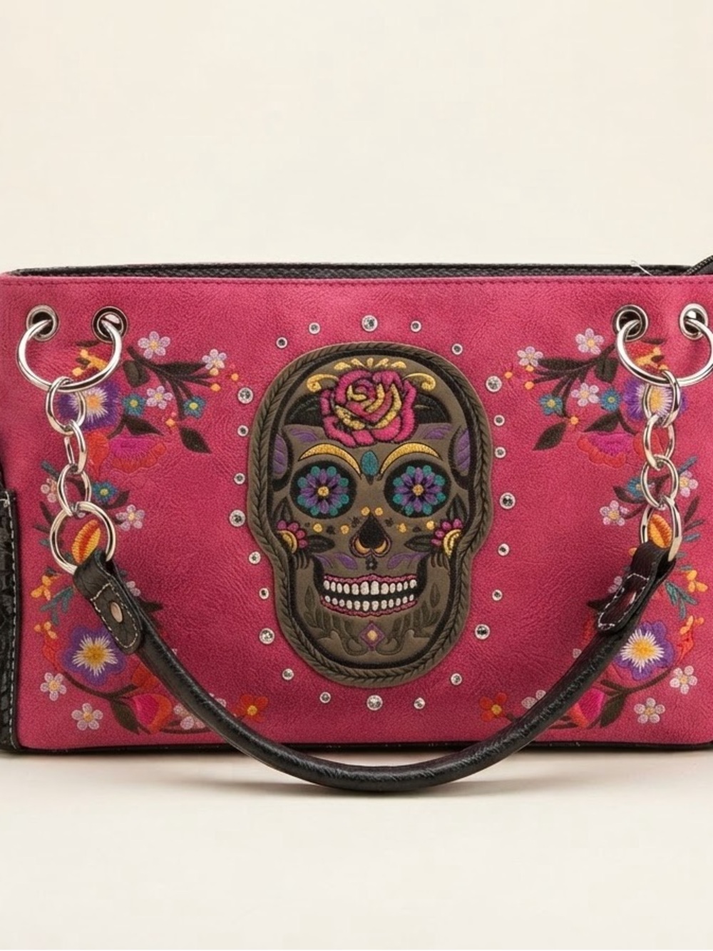 Brand New Vibrant Western Conceal Carry Calacas Skull Handbag- Fuschia